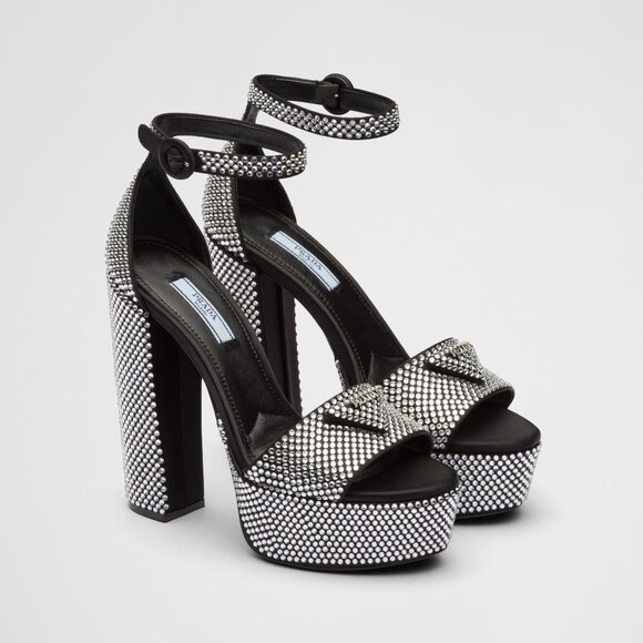 Prada Satin Black Embellished Platform Heels Logo Crystal Pumps Sandals - Picture 1 of 9